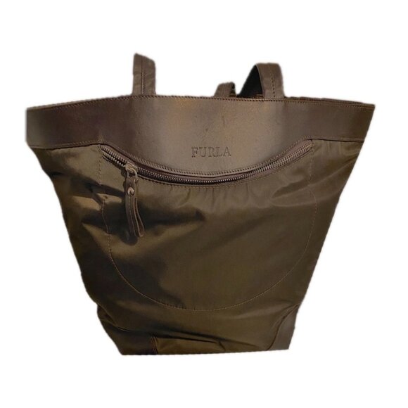 Furla Tote Nylon/Leather Shoulder Bag Chocolate Brown Zipper Pocket Lightweight - Picture 3 of 9
